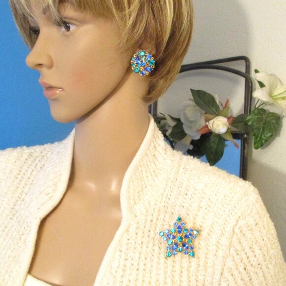 Vintage MJENT Star and Moon Rhinestone Gold Plate Brooch Earrings Designer Set - Picture 3 of 14